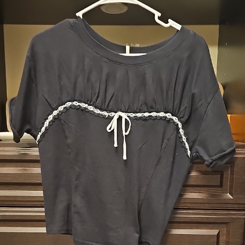 Free People Black Crop Top with White Lace Detail